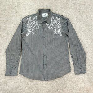 Pop Icon Shirt Mens Large Gray Striped Embroidered Long Sleeve Button Front